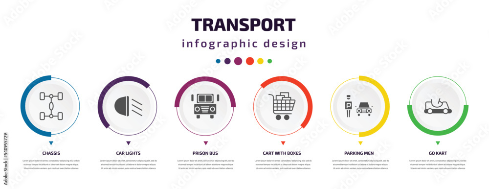 transport infographic element with icons and 6 step or option. transport icons such as chassis, car lights, prison bus, cart with boxes, parking men, go kart vector. can be used for banner, info transport infographic element with icons and 6 step or option. transport icons such as chassis, car lights, prison bus, cart with boxes, parking men, go kart vector. can be used for banner, info