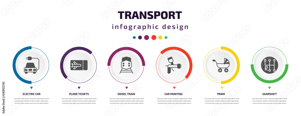 transport infographic element with icons and 6 step or option. transport icons such as electric car, plane tickets, diesel train, car painting, pram, gearshift vector. can be used for banner, info transport infographic element with icons and 6 step or option. transport icons such as electric car, plane tickets, diesel train, car painting, pram, gearshift vector. can be used for banner, info