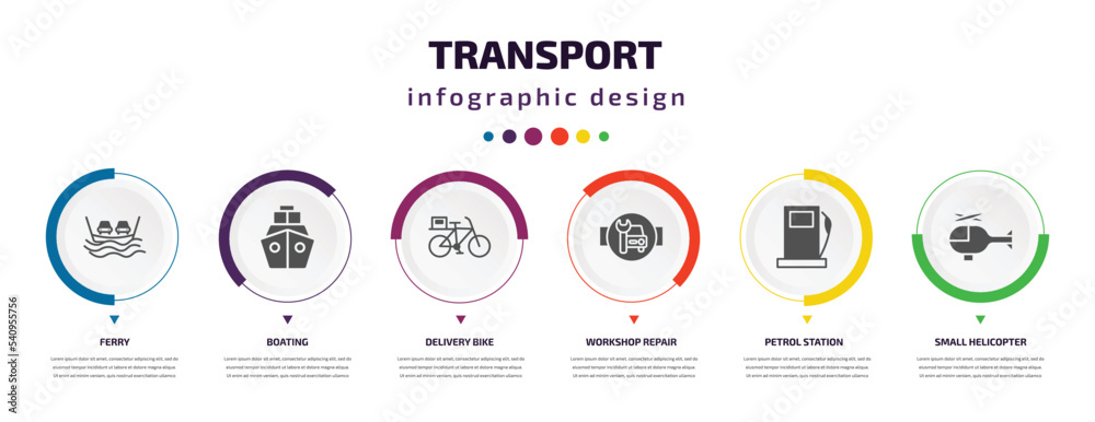 transport infographic element with icons and 6 step or option. transport icons such as ferry, boating, delivery bike, workshop repair, petrol station, small helicopter vector. can be used for transport infographic element with icons and 6 step or option. transport icons such as ferry, boating, delivery bike, workshop repair, petrol station, small helicopter vector. can be used for