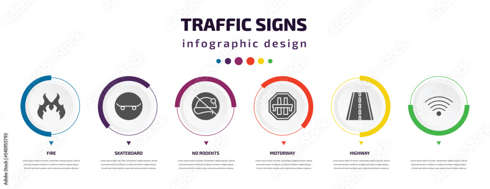 traffic signs infographic element with icons and 6 step or option. traffic signs icons such as fire, skateboard, no rodents, motorway, highway, vector. can be used for banner, info graph, web, traffic signs infographic element with icons and 6 step or option. traffic signs icons such as fire, skateboard, no rodents, motorway, highway, vector. can be used for banner, info graph, web,