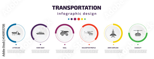 transportation infographic element with icons and 6 step or option. transportation icons such as litter car, ferry boat, haul, helicopter profile, army airplane, chairlift vector. can be used for