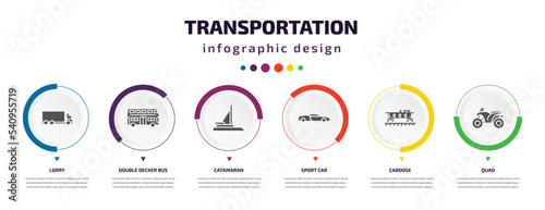 transportation infographic element with icons and 6 step or option. transportation icons such as lorry, double decker bus, catamaran, sport car, caboose, quad vector. can be used for banner, info
