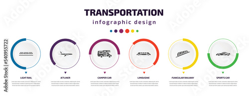 transportation infographic element with icons and 6 step or option. transportation icons such as light rail, jetliner, camper car, limousine, funicular railway, sports car vector. can be used for
