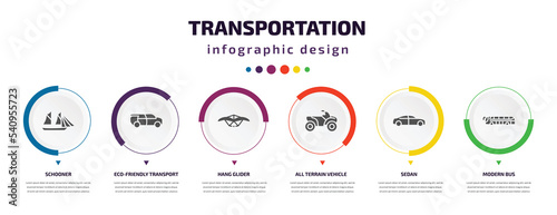 transportation infographic element with icons and 6 step or option. transportation icons such as schooner, eco-friendly transport, hang glider, all terrain vehicle, sedan, modern bus vector. can be