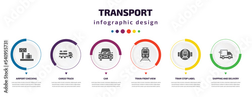 transport infographic element with icons and 6 step or option. transport icons such as airport checking, cargo truck, car, train front view, tram stop label, shipping and delivery vector. can be