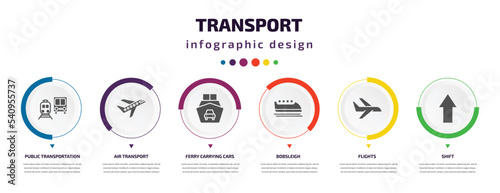 transport infographic element with icons and 6 step or option. transport icons such as public transportation, air transport, ferry carrying cars, bobsleigh, flights, shift vector. can be used for