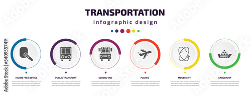 transportation infographic element with icons and 6 step or option. transportation icons such as hands free device, public transport, school van, planes, movement, cargo ship vector. can be used for