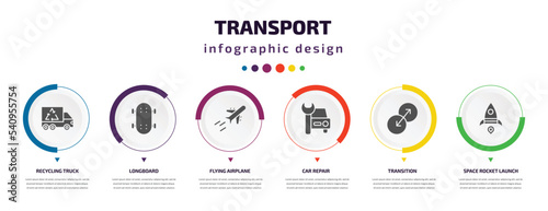 transport infographic element with icons and 6 step or option. transport icons such as recycling truck, longboard, flying airplane, car repair, transition, space rocket launch vector. can be used