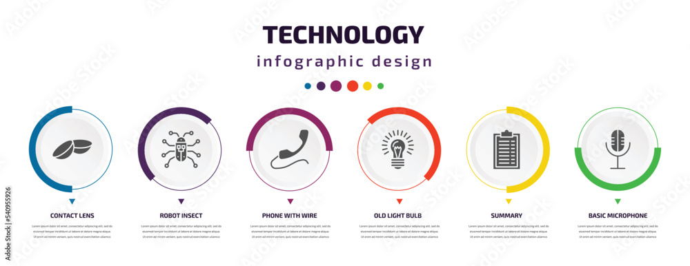 technology infographic element with icons and 6 step or option. technology icons such as contact lens, robot insect, phone with wire, old light bulb, summary, basic microphone vector. can be used technology infographic element with icons and 6 step or option. technology icons such as contact lens, robot insect, phone with wire, old light bulb, summary, basic microphone vector. can be used