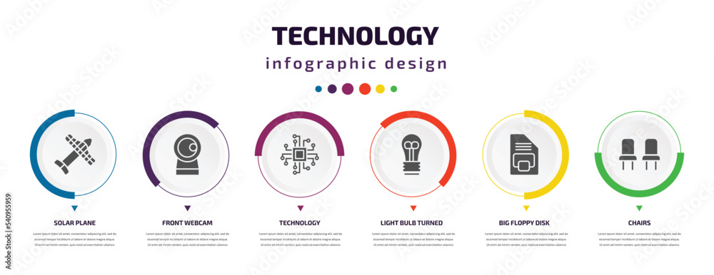 technology infographic element with icons and 6 step or option. technology icons such as solar plane, front webcam, technology, light bulb turned off, big floppy disk, chairs vector. can be used for technology infographic element with icons and 6 step or option. technology icons such as solar plane, front webcam, technology, light bulb turned off, big floppy disk, chairs vector. can be used for