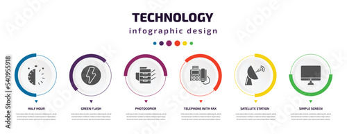 technology infographic element with icons and 6 step or option. technology icons such as half hour, green flash, photocopier, telephone with fax, satellite station, simple screen vector. can be used