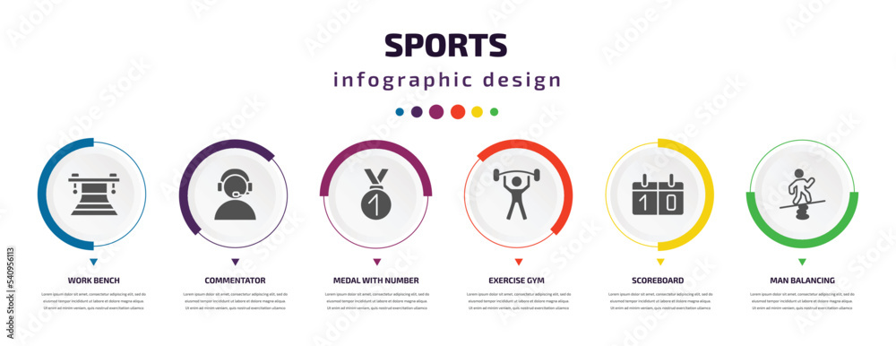 sports infographic element with icons and 6 step or option. sports icons such as work bench, commentator, medal with number 1, exercise gym, scoreboard, man balancing vector. can be used for banner, sports infographic element with icons and 6 step or option. sports icons such as work bench, commentator, medal with number 1, exercise gym, scoreboard, man balancing vector. can be used for banner,