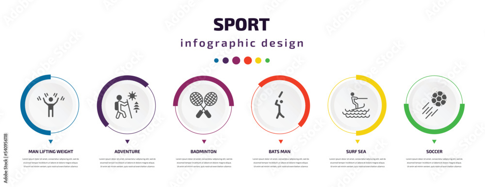 sport infographic element with icons and 6 step or option. sport icons such as man lifting weight, adventure, badminton, bats man, surf sea, soccer vector. can be used for banner, info graph, web, sport infographic element with icons and 6 step or option. sport icons such as man lifting weight, adventure, badminton, bats man, surf sea, soccer vector. can be used for banner, info graph, web,