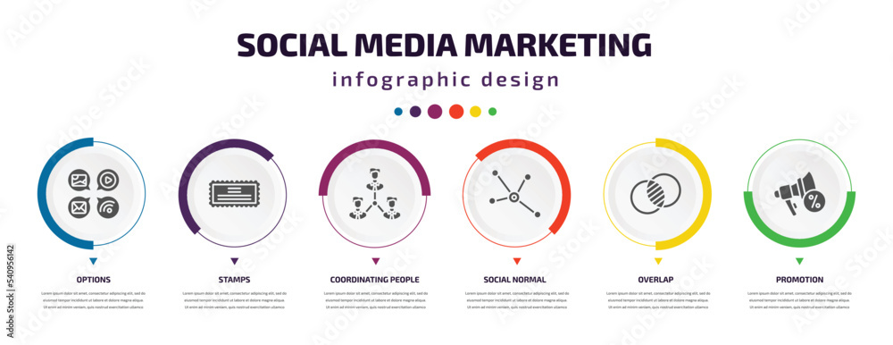 social media marketing infographic element with icons and 6 step or option. social media marketing icons such as options, stamps, coordinating people, social normal, overlap, promotion vector. can social media marketing infographic element with icons and 6 step or option. social media marketing icons such as options, stamps, coordinating people, social normal, overlap, promotion vector. can