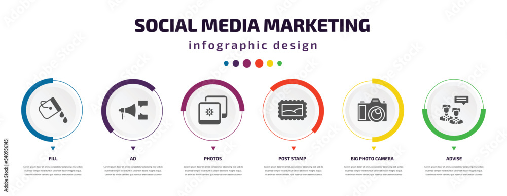social media marketing infographic element with icons and 6 step or option. social media marketing icons such as fill, ad, photos, post stamp, big photo camera, advise vector. can be used for social media marketing infographic element with icons and 6 step or option. social media marketing icons such as fill, ad, photos, post stamp, big photo camera, advise vector. can be used for