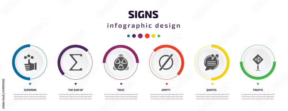 signs infographic element with icons and 6 step or option. signs icons such as superior, the sum of, toxic, empty, quotes, traffic vector. can be used for banner, info graph, web, presentations. signs infographic element with icons and 6 step or option. signs icons such as superior, the sum of, toxic, empty, quotes, traffic vector. can be used for banner, info graph, web, presentations.