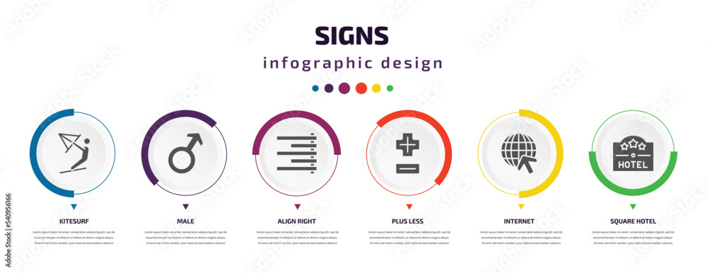 signs infographic element with icons and 6 step or option. signs icons such as kitesurf, male, align right, plus less, internet, square hotel vector. can be used for banner, info graph, web, signs infographic element with icons and 6 step or option. signs icons such as kitesurf, male, align right, plus less, internet, square hotel vector. can be used for banner, info graph, web,