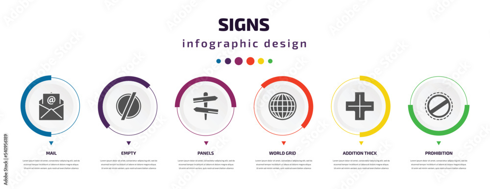 signs infographic element with icons and 6 step or option. signs icons such as mail, empty, panels, world grid, addition thick, prohibition vector. can be used for banner, info graph, web, signs infographic element with icons and 6 step or option. signs icons such as mail, empty, panels, world grid, addition thick, prohibition vector. can be used for banner, info graph, web,
