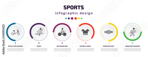 sports infographic element with icons and 6 step or option. sports icons such as bicycle for children, skiing, man riding bike, football jersey, boxer with belt, marathon champion vector. can be