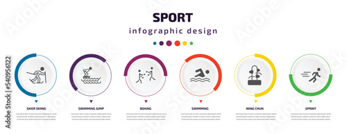 sport infographic element with icons and 6 step or option. sport icons such as skier skiing, swimming jump, boxing, swimming, wing chun, sprint vector. can be used for banner, info graph, web,