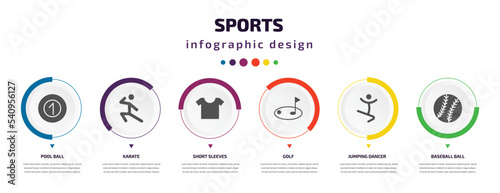 sports infographic element with icons and 6 step or option. sports icons such as pool ball, karate, short sleeves, golf, jumping dancer, baseball ball vector. can be used for banner, info graph,