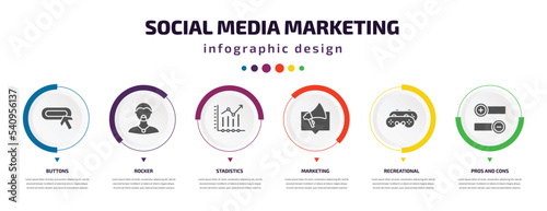 social media marketing infographic element with icons and 6 step or option. social media marketing icons such as buttons, rocker, stadistics, marketing, recreational, pros and cons vector. can be