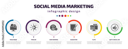social media marketing infographic element with icons and 6 step or option. social media marketing icons such as mass media, timeline, user warning, suggestion, flats, quit a social like vector. can