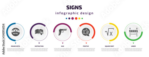signs infographic element with icons and 6 step or option. signs icons such as round hotel, instruction, gun, positive, square root, under vector. can be used for banner, info graph, web,
