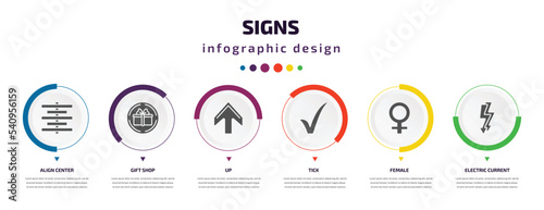 signs infographic element with icons and 6 step or option. signs icons such as align center, gift shop, up, tick, female, electric current vector. can be used for banner, info graph, web,