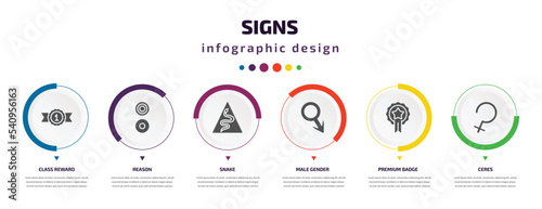 signs infographic element with icons and 6 step or option. signs icons such as class reward, reason, snake, male gender, premium badge, ceres vector. can be used for banner, info graph, web,