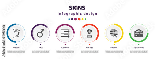 signs infographic element with icons and 6 step or option. signs icons such as kitesurf, male, align right, plus less, internet, square hotel vector. can be used for banner, info graph, web,