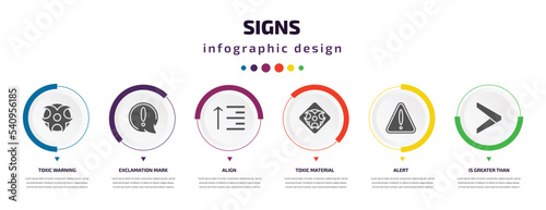 signs infographic element with icons and 6 step or option. signs icons such as toxic warning, exclamation mark, align, toxic material, alert, is greater than vector. can be used for banner, info
