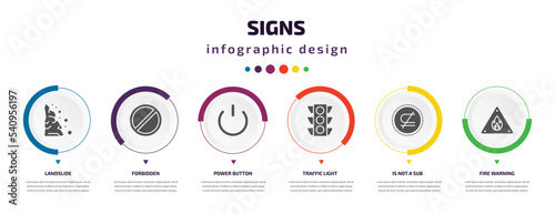 signs infographic element with icons and 6 step or option. signs icons such as landslide, forbidden, power button, traffic light, is not a sub, fire warning vector. can be used for banner, info