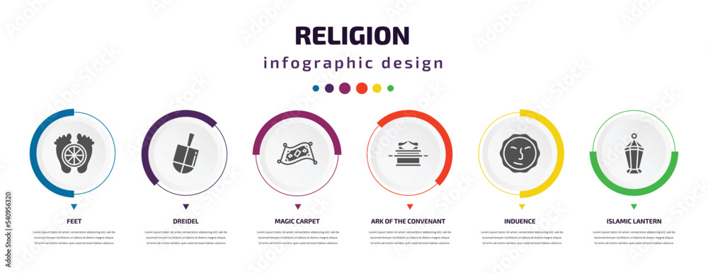 religion infographic element with icons and 6 step or option. religion icons such as feet, dreidel, magic carpet, ark of the convenant, induence, islamic lantern vector. can be used for banner, info religion infographic element with icons and 6 step or option. religion icons such as feet, dreidel, magic carpet, ark of the convenant, induence, islamic lantern vector. can be used for banner, info