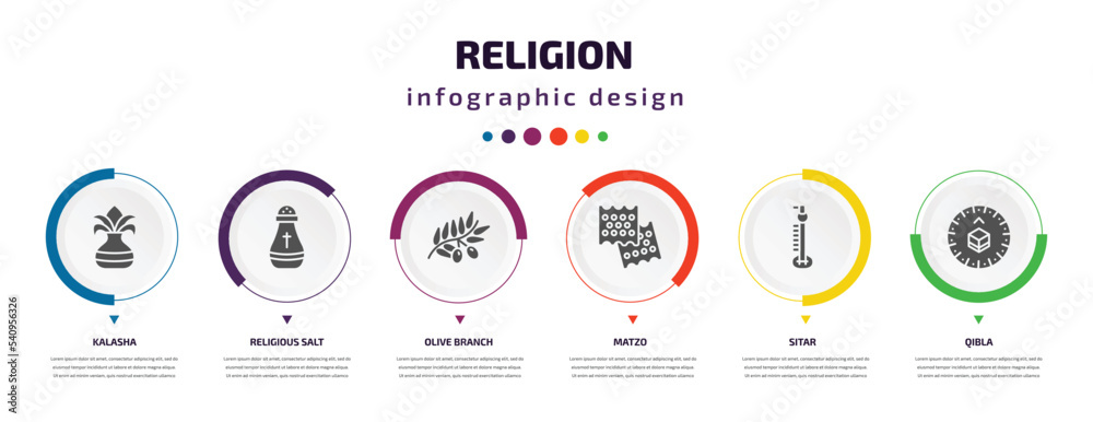 religion infographic element with icons and 6 step or option. religion icons such as kalasha, religious salt, olive branch, matzo, sitar, qibla vector. can be used for banner, info graph, web, religion infographic element with icons and 6 step or option. religion icons such as kalasha, religious salt, olive branch, matzo, sitar, qibla vector. can be used for banner, info graph, web,