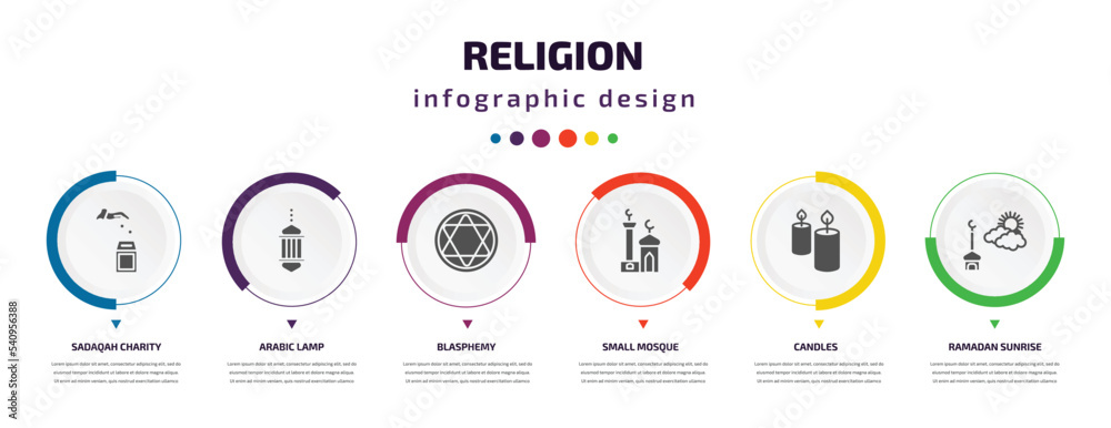 religion infographic element with icons and 6 step or option. religion icons such as sadaqah charity, arabic lamp, blasphemy, small mosque, candles, ramadan sunrise vector. can be used for banner, religion infographic element with icons and 6 step or option. religion icons such as sadaqah charity, arabic lamp, blasphemy, small mosque, candles, ramadan sunrise vector. can be used for banner,