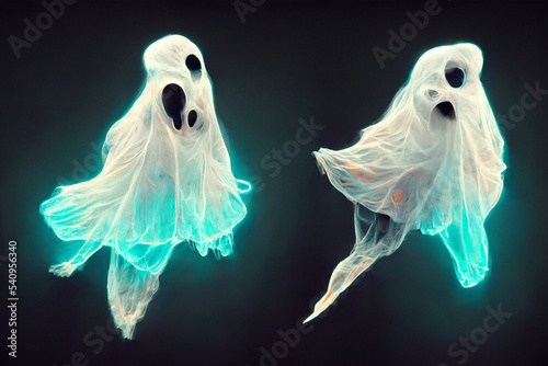 Neon cartoon Halloween ghosts flying and dancing. Ai generated art
