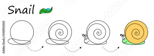worksheet for step by step drawing a snail. teaching basic drawing. Children's coloring, draw a snail. Easy educational game for children of preschool and primary school age