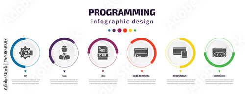 programming infographic element with icons and 6 step or option. programming icons such as api, seo, css, code terminal, responsive, command vector. can be used for banner, info graph, web,