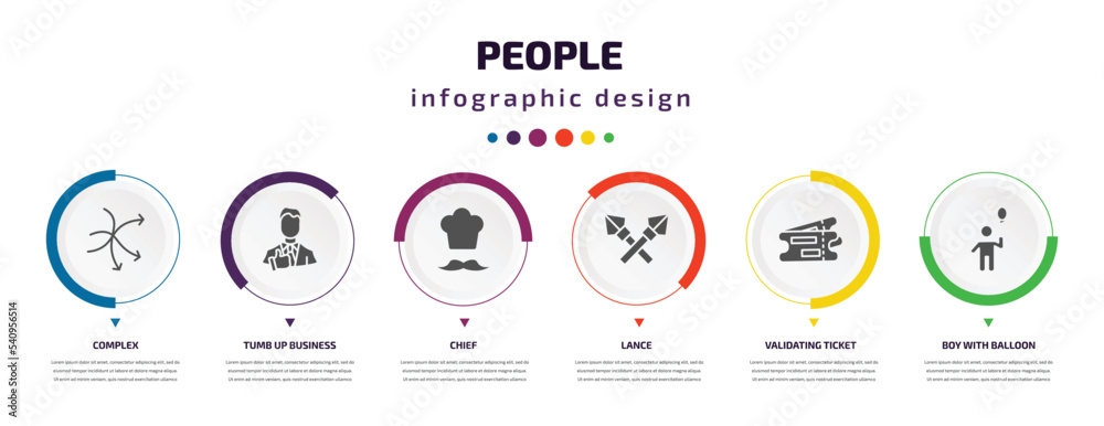 people infographic element with icons and 6 step or option. people icons such as complex, tumb up business man, chief, lance, validating ticket, boy with balloon vector. can be used for banner, info people infographic element with icons and 6 step or option. people icons such as complex, tumb up business man, chief, lance, validating ticket, boy with balloon vector. can be used for banner, info