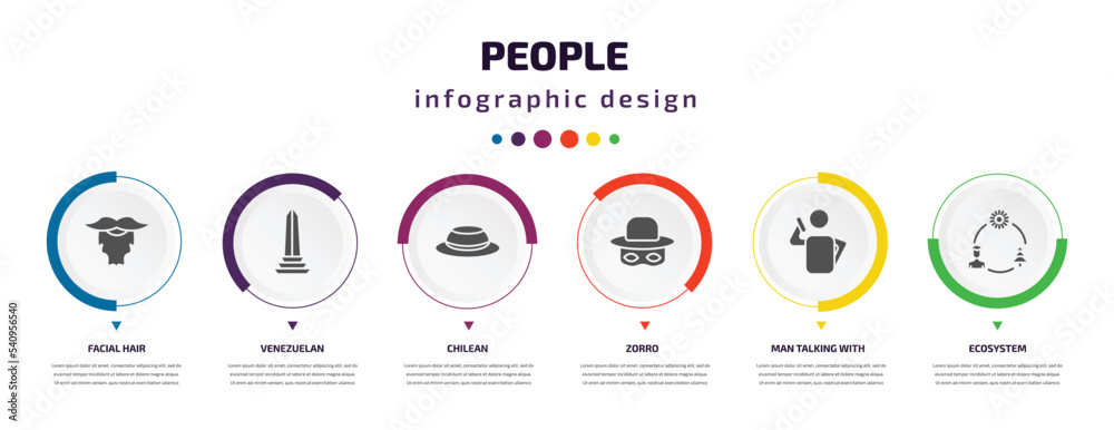 people infographic element with icons and 6 step or option. people icons such as facial hair, venezuelan, chilean, zorro, man talking with phone, ecosystem vector. can be used for banner, info people infographic element with icons and 6 step or option. people icons such as facial hair, venezuelan, chilean, zorro, man talking with phone, ecosystem vector. can be used for banner, info