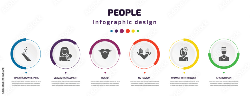 people infographic element with icons and 6 step or option. people icons such as walking downstairs, sexual harassment, beard, no racism, woman with flower, spanish man vector. can be used for people infographic element with icons and 6 step or option. people icons such as walking downstairs, sexual harassment, beard, no racism, woman with flower, spanish man vector. can be used for
