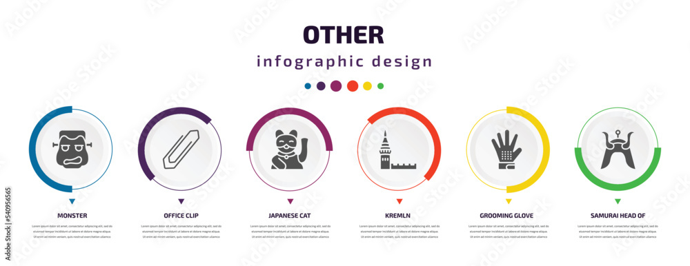 other infographic element with icons and 6 step or option. other icons such as monster, office clip, japanese cat, kremln, grooming glove, samurai head of japan vector. can be used for banner, info other infographic element with icons and 6 step or option. other icons such as monster, office clip, japanese cat, kremln, grooming glove, samurai head of japan vector. can be used for banner, info