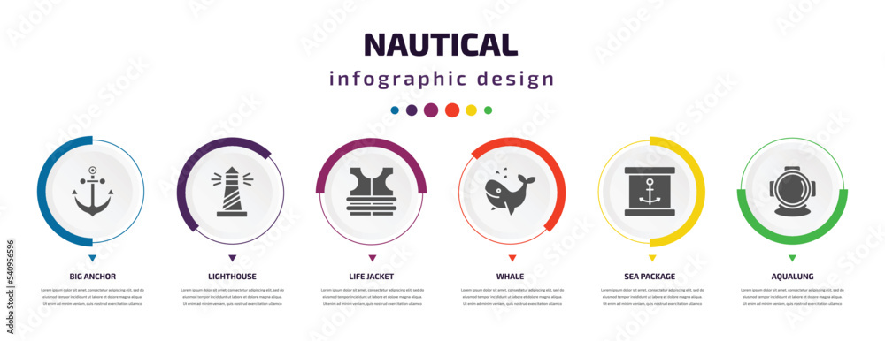 nautical infographic element with icons and 6 step or option. nautical ...