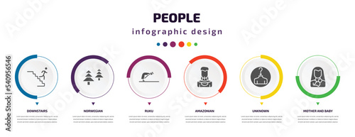 people infographic element with icons and 6 step or option. people icons such as downstairs, norwegian, ruku, amazonian, unknown, mother and baby vector. can be used for banner, info graph, web,