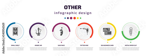 other infographic element with icons and 6 step or option. other icons such as small shelf, arabic jar, sack race, tattoo hine, sea business card, metal paper clip vector. can be used for banner,