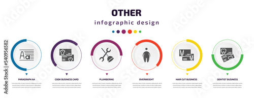 other infographic element with icons and 6 step or option. other icons such as paragraph aa, cook business card, plumbering, overweight, hair cut business card, dentist business card vector. can be