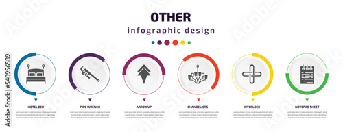 other infographic element with icons and 6 step or option. other icons such as hotel bed, pipe wrench, arrowup, chandeliers, interlock, notepad sheet vector. can be used for banner, info graph, web,