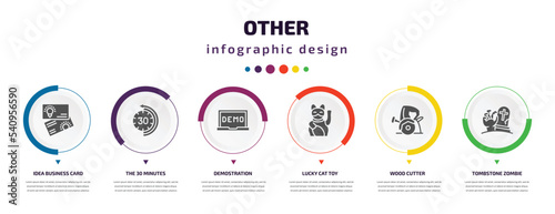 other infographic element with icons and 6 step or option. other icons such as idea business card, the 30 minutes, demostration, lucky cat toy, wood cutter, tombstone zombie hand vector. can be used