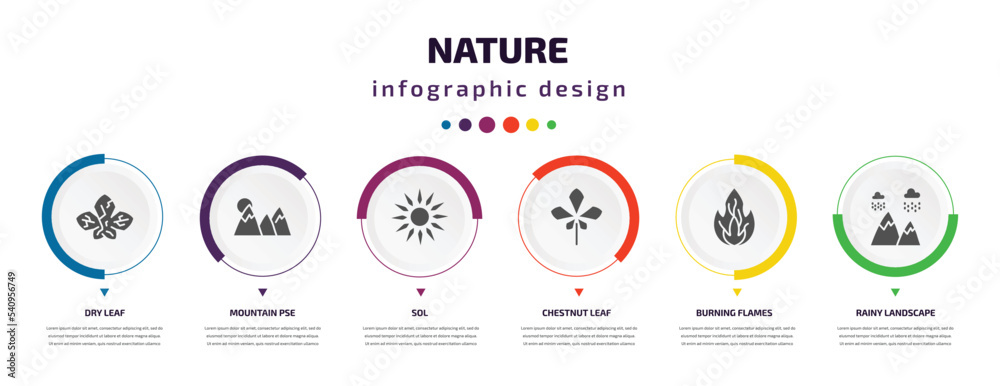 nature infographic element with icons and 6 step or option. nature icons such as dry leaf, mountain pse, sol, chestnut leaf, burning flames, rainy landscape vector. can be used for banner, info nature infographic element with icons and 6 step or option. nature icons such as dry leaf, mountain pse, sol, chestnut leaf, burning flames, rainy landscape vector. can be used for banner, info